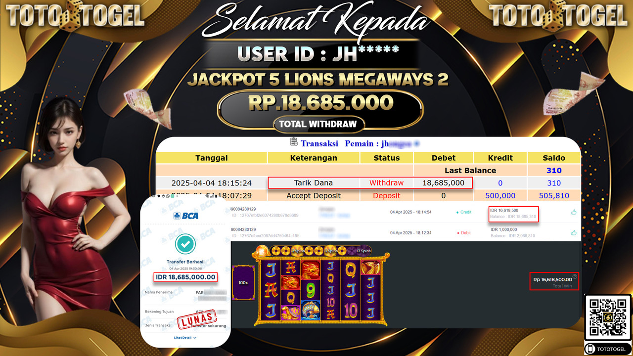 Bukti Pembayaran Jackpot  Permainan Slot 5 Lions Megaways 2 ID:JH***** LUNAS