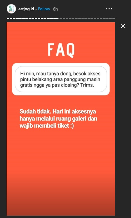 Instastory yang diunggah akun instagram @artjog.id, Minggu (25/8/2019).