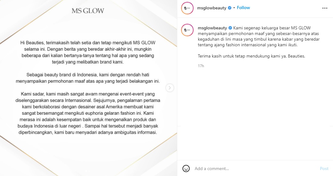 MS Glow unggah permintaan maaf terkait berita gaduh yang mengatakan brand lokal Indonesia bohong soal tampil di Paris Fashion Week (PFW).