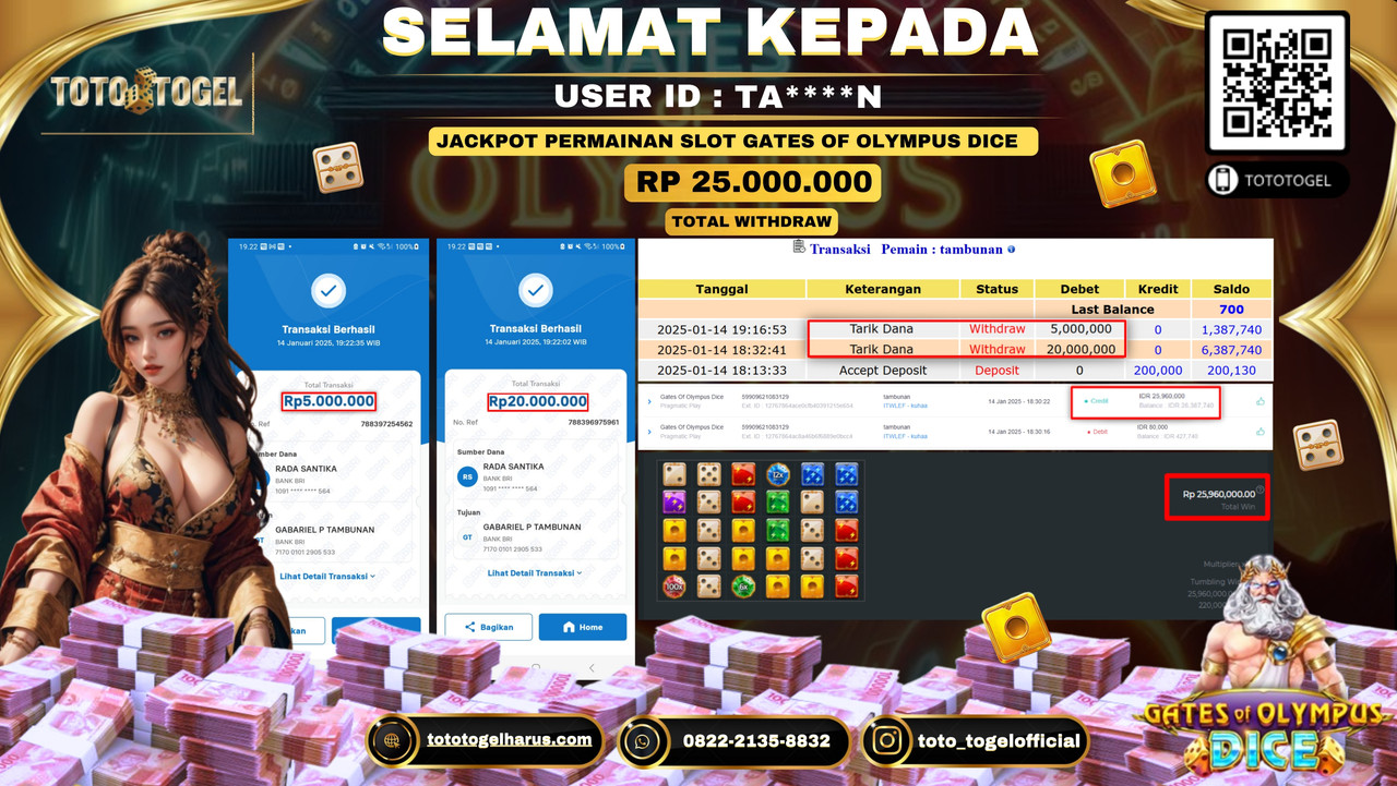 Bukti Pembayaran Jackpot  Permainan Slot Gates Of Olympus Dice  :TA****N  LUNAS