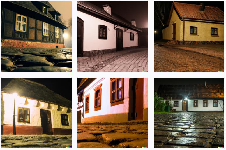 clay-coated cottage, standing at the end of the cobbled tread at night