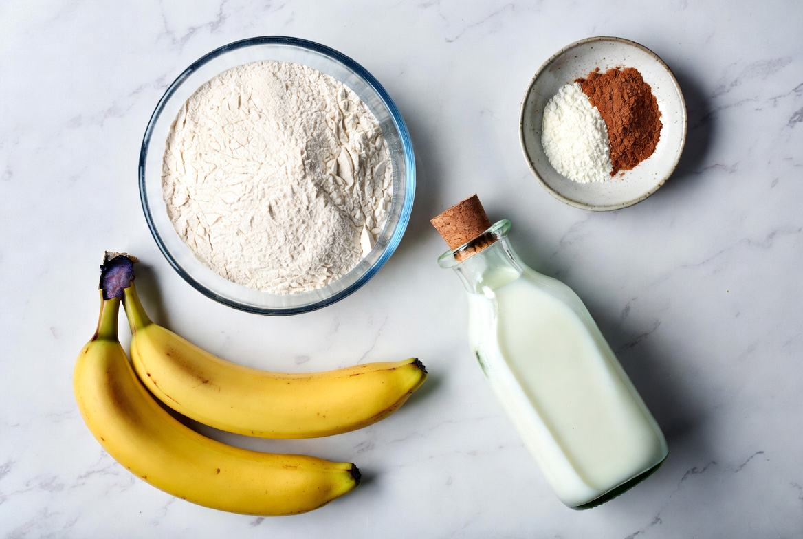 Beautiful flat lay of banana pancakes no egg ingredients: ripe bananas, flour, milk, baking powder, vanilla