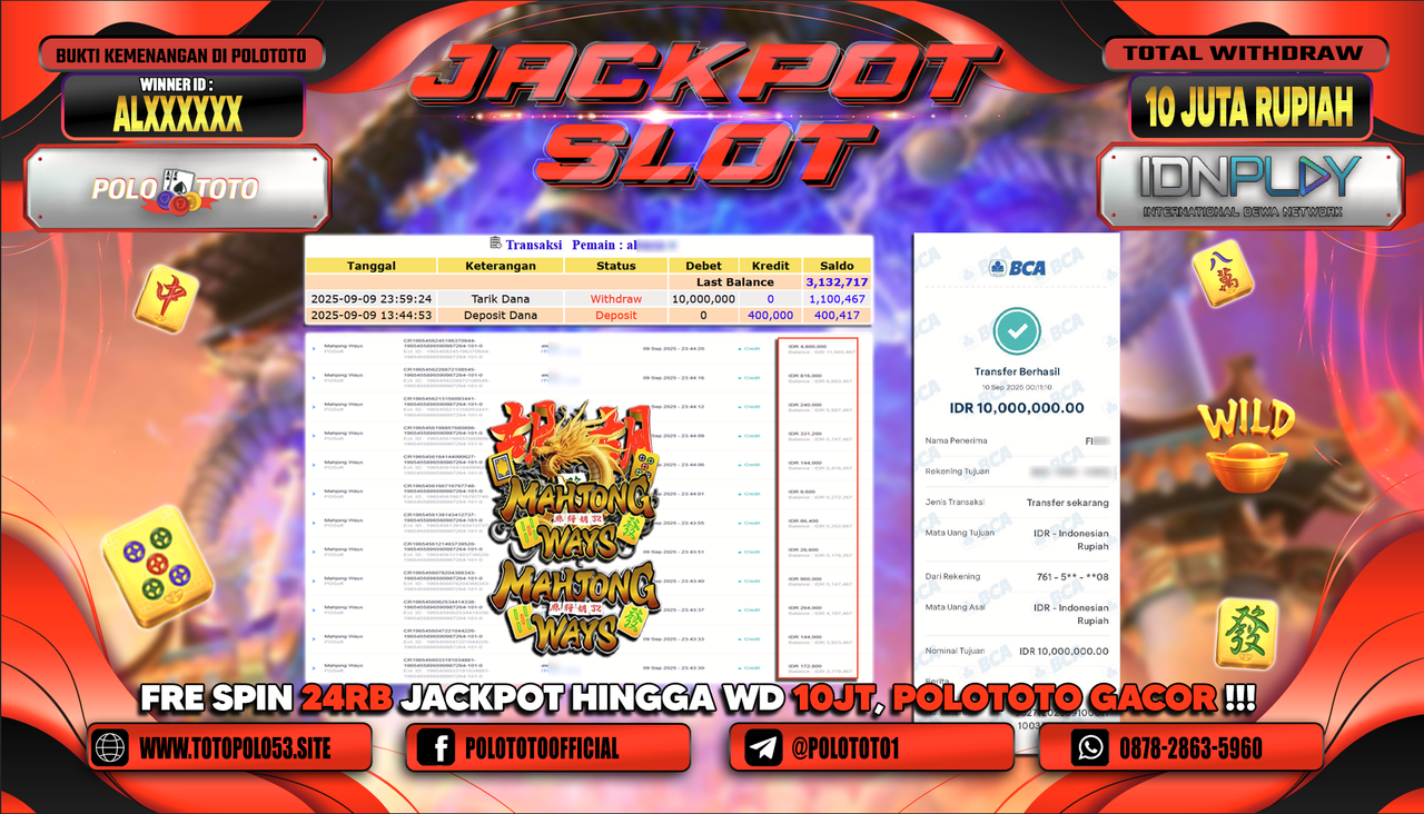 POLOTOTO JACKPOT SLOT MAHJONG WAYS Rp.10.000.000,-