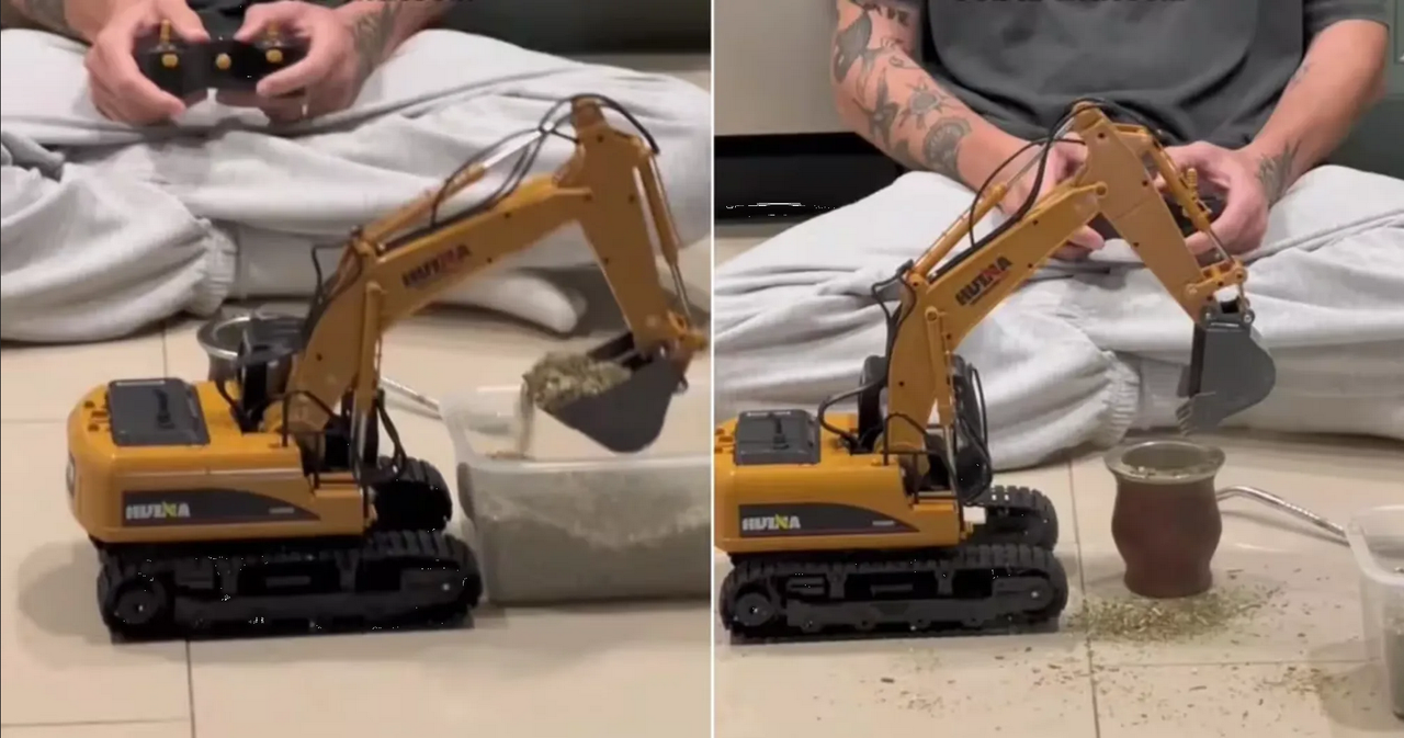 Compró una excavadora de juguete para preparar mate y ahora es viral