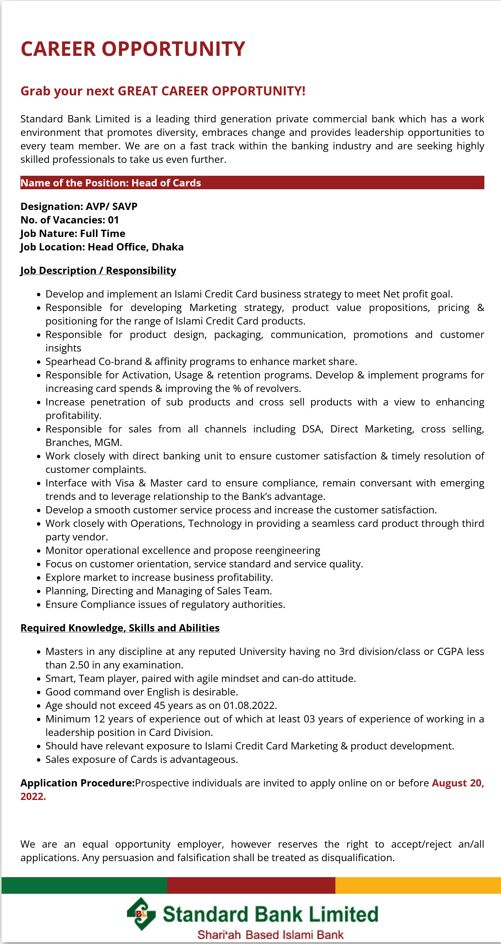 Standard Bank Limited Job Circular 2022