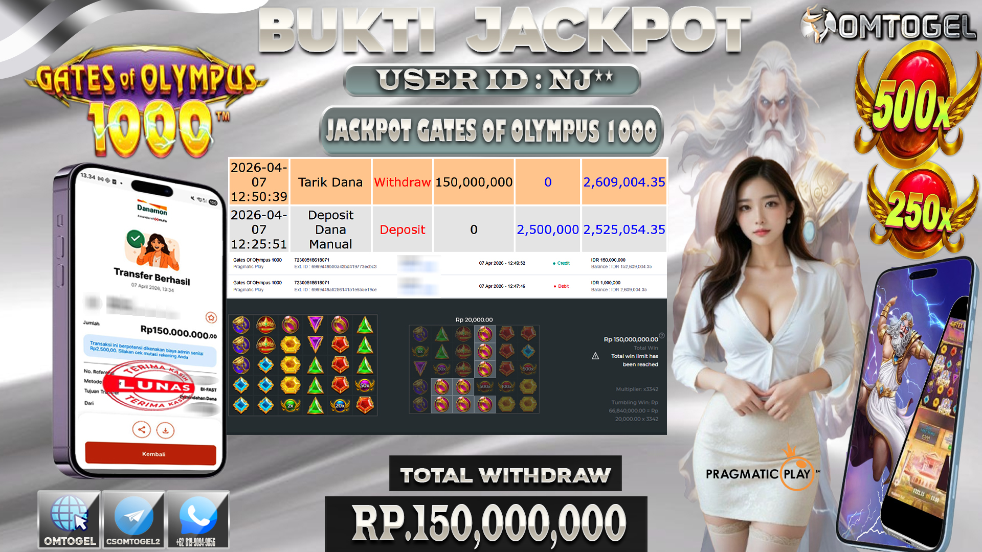 OMTOGEL JACKPOT PRAGMATIC PLAY GATES OF OLYMPUS 1000,150 JUTA DI BAYAR LUNAS ,-