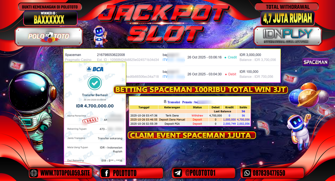 POLOTOTO JACKPOT SLOT SPACEMAN Rp.4.700.000,- LUNAS