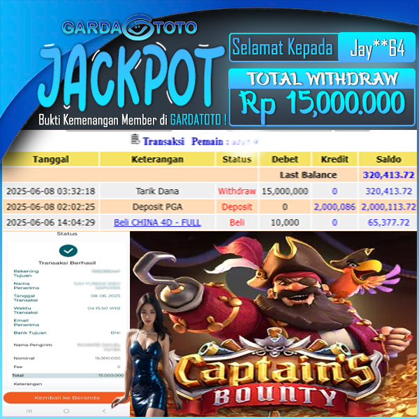 JACKPOT SLOT MAIN DI SLOT PG SOFT CAPTAIN BOUNTY WD Rp 15.000.000,- DIBAYAR LUNAS GARDATOTO MANTAP !