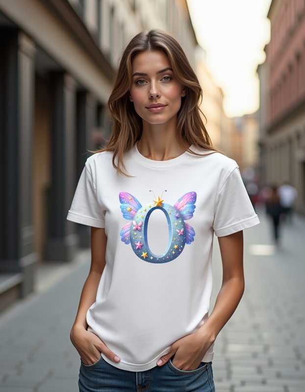 Femeie purtand un tricou simplu alb personalizat cu o grafica care reprezinta litera O