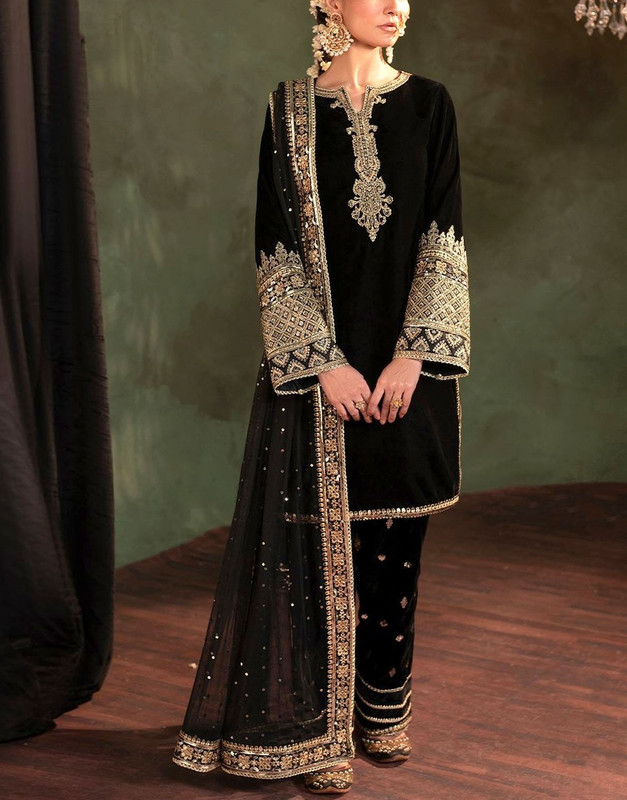 Fancy Embroidered Velvet Party Wear Dress with NET Dupatta