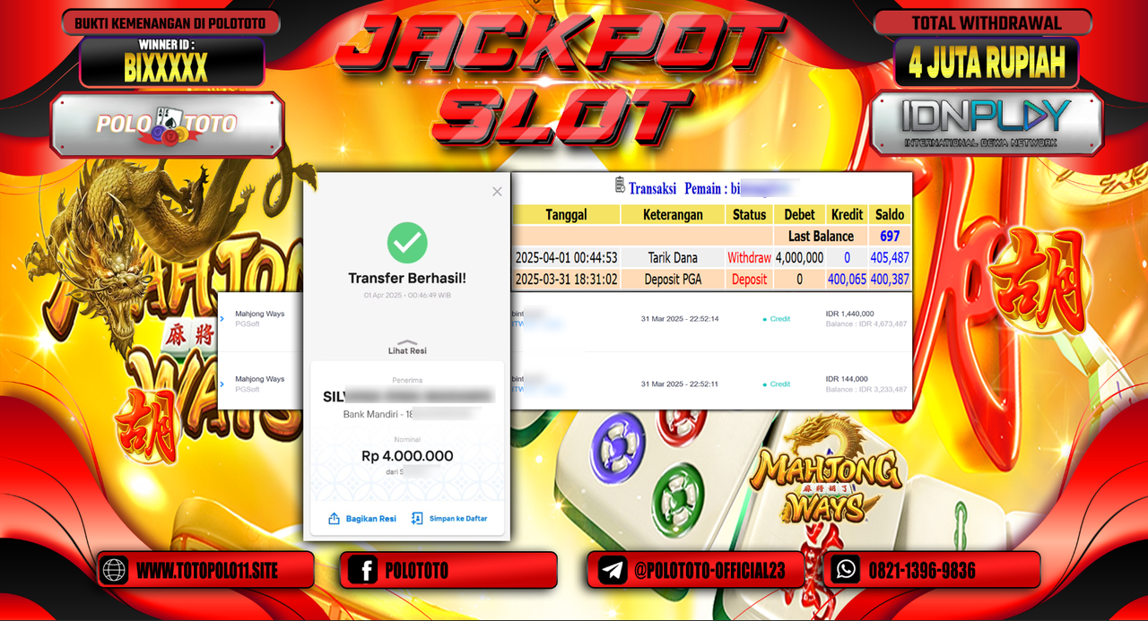 POLOTOTO JACKPOT SLOT MAHJONG WAYS  Rp.4.000.000,-