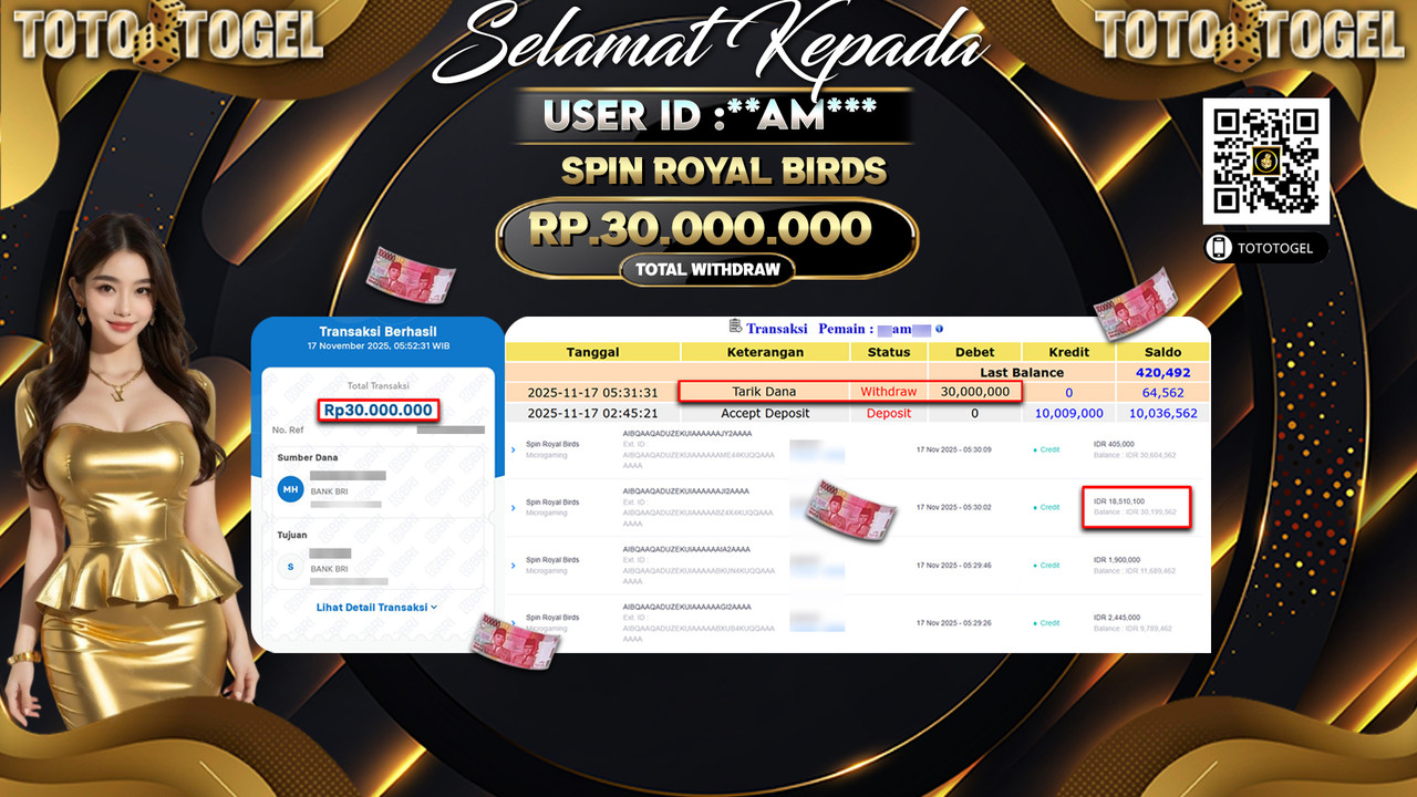 Bukti Pembayaran Jackpot Permainan Slot Spin Royal Birds ID:**AM*** LUNAS