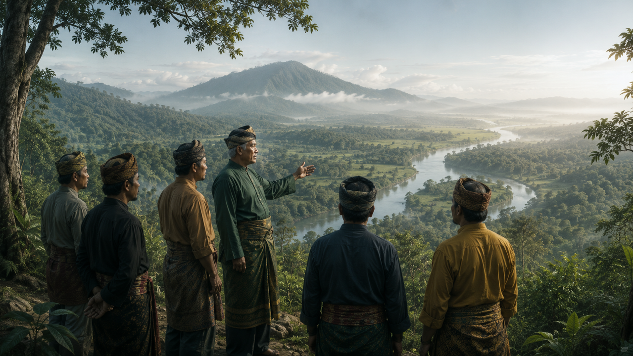 Ilustrasi musyawarah pemimpin dan wakil masyarakat dalam balai tradisional Rembau