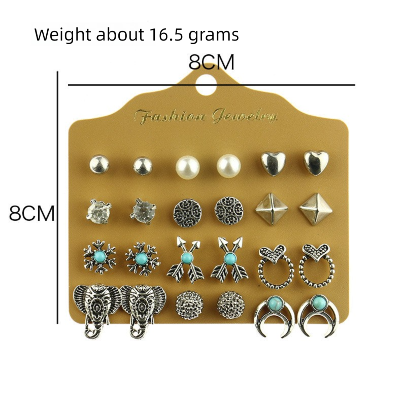 Alloy Stud Earring Set - 12 Pairs with Heart, Leaf & Turquoise Designs for Women