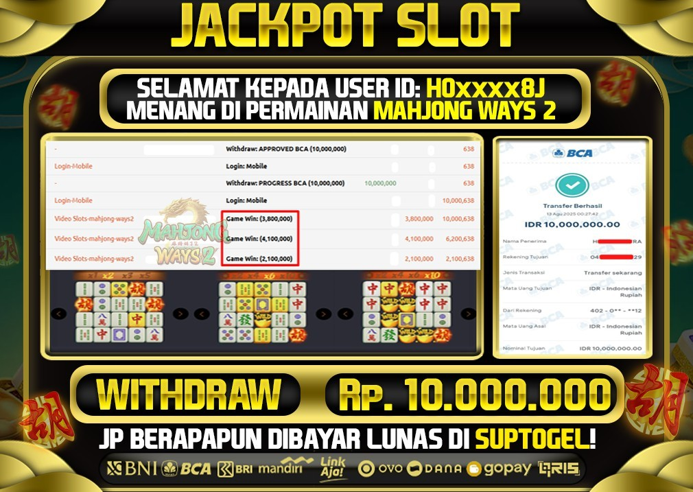  BUKTI KEMENANGAN 12 AGUSTUS 2025 MENANG DI PERMAINAN MAHJONG WAYS 2  TOTAL WD 10 JUTA