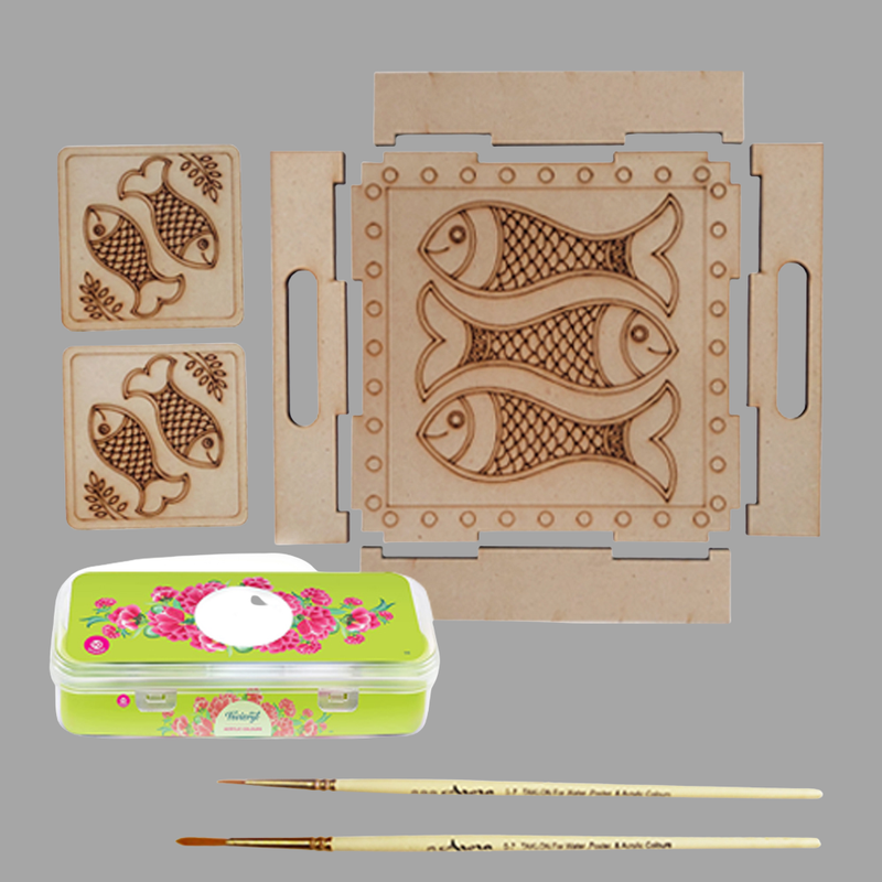 Madhubani painting on Engraved MDF Tray with Tea Coasters Hobbyist level DIY Kit 
