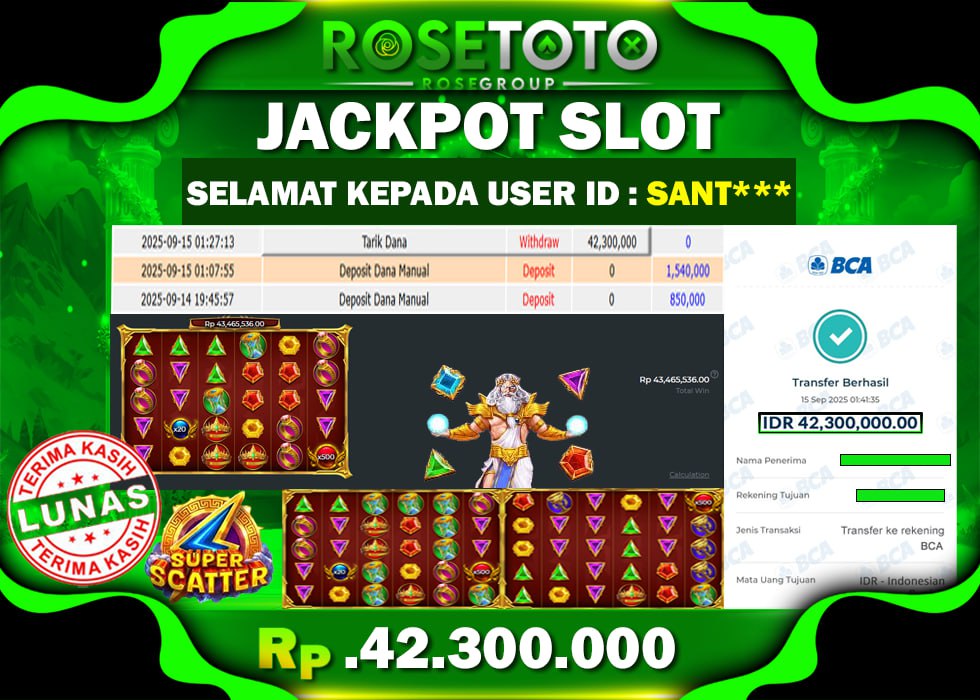 ROSETOTO JACKPOT SLOT Gates Of Olympus Super Scatter Rp.42.300.000.,- LUNAS