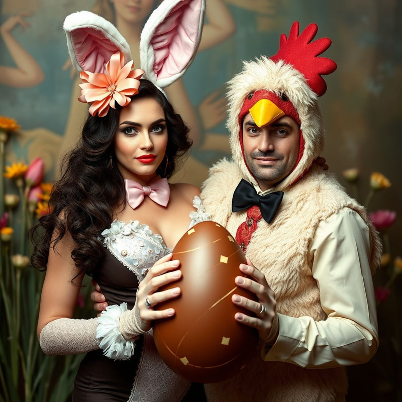 victorian style._0Aa beautiful womn wearing a sexy bunny suit and a man wearing a hen costume
