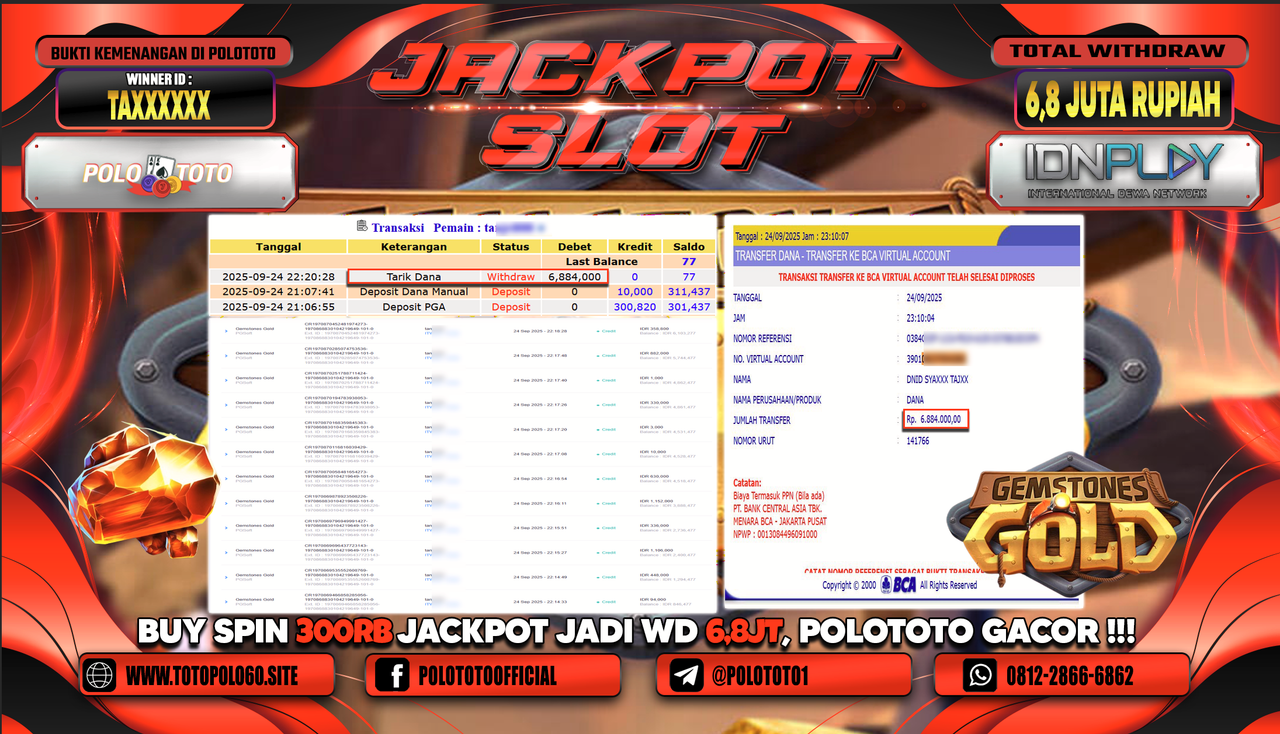 POLOTOTO JACKPOT SLOT GEMSTONES GOLD Rp.6.800.000,- LUNAS