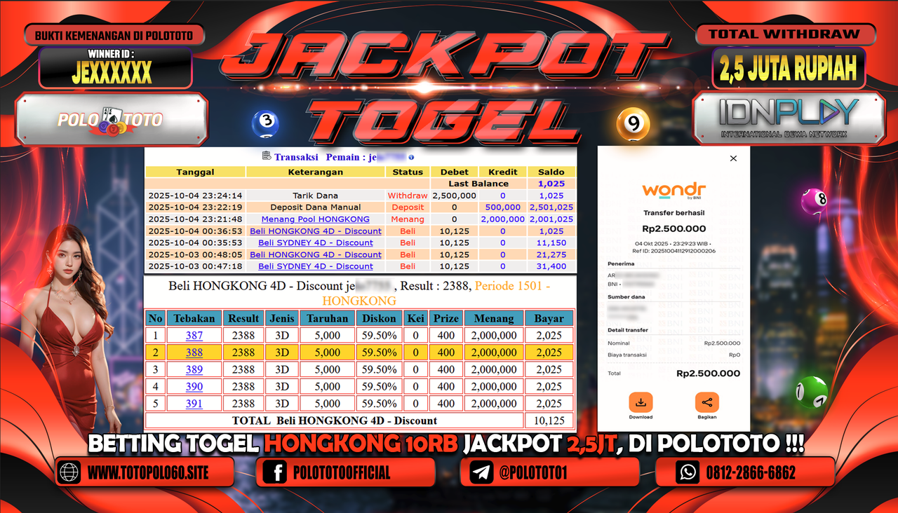 POLOTOTO JACKPOT TOGEL HONGKONG LOTTO Rp.2.500.000,- LUNAS