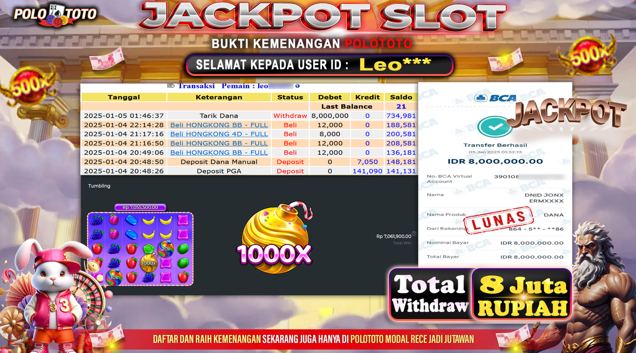 POLOTOTO JACKPOT SLOT SWEET BONANZA 1000 Rp.8,000.000,-