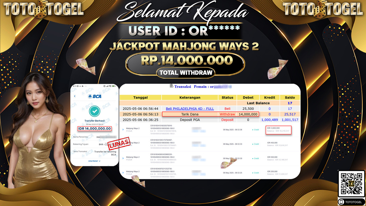 Bukti Pembayaran Jackpot  Permainan Slot Mahjong Ways 2 ID:OR***** LUNAS