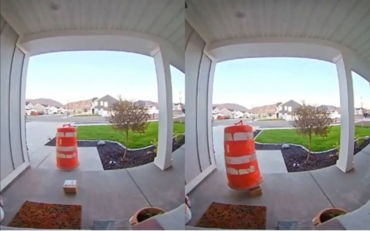 Ladrón se disfraza de cono para llevarse un paquete de Amazon: video