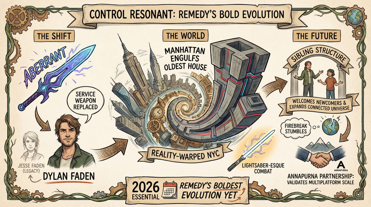 Twisted Manhattan skyline with supernatural distortions representing Control Resonant setting