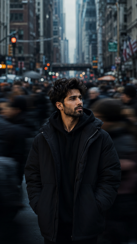 Example result for: Frozen in the Crowd: Motionless Man in Motion-Blurred City Prompt