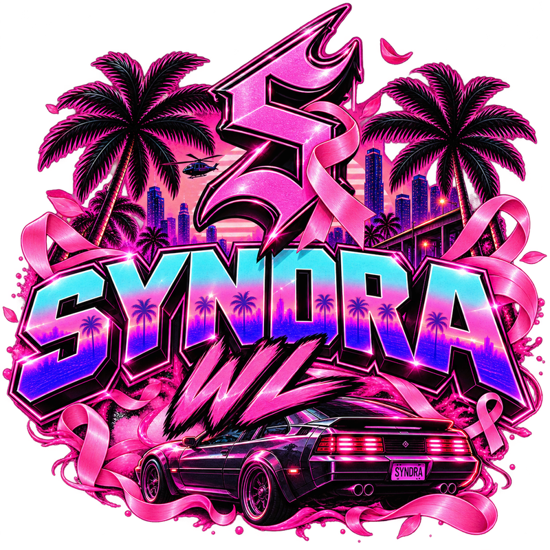 Logo Syndra WL aux couleurs néon, palmiers et voiture rétro