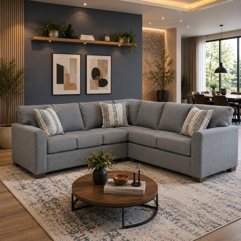 كنبة زاوية رُكنة على شكل حرف L بتصميم عصري قماش عالي الجودة - اللون رمادى - مقاس 250 / 180 × 80 × 85 سم