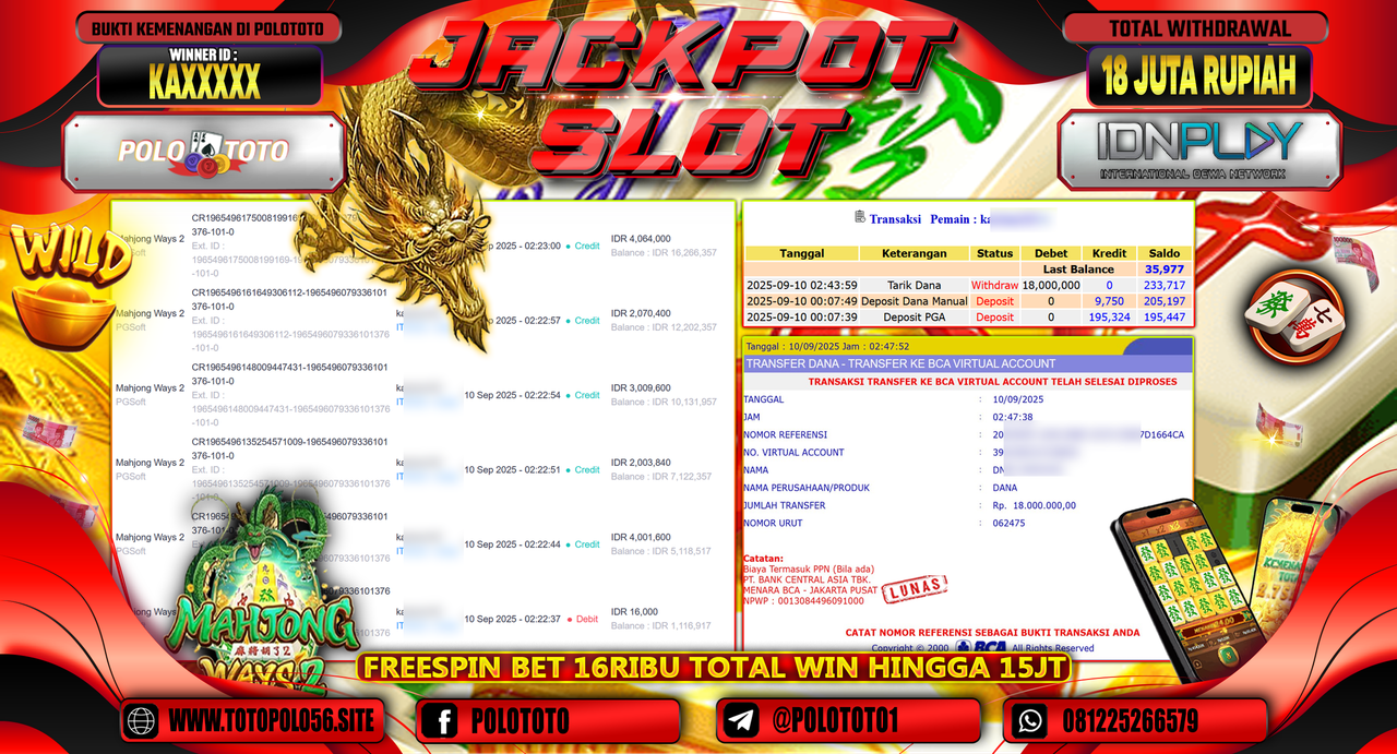 POLOTOTO JACKPOT SLOT MAHJONG WAYS 2 Rp.18.000.000,-