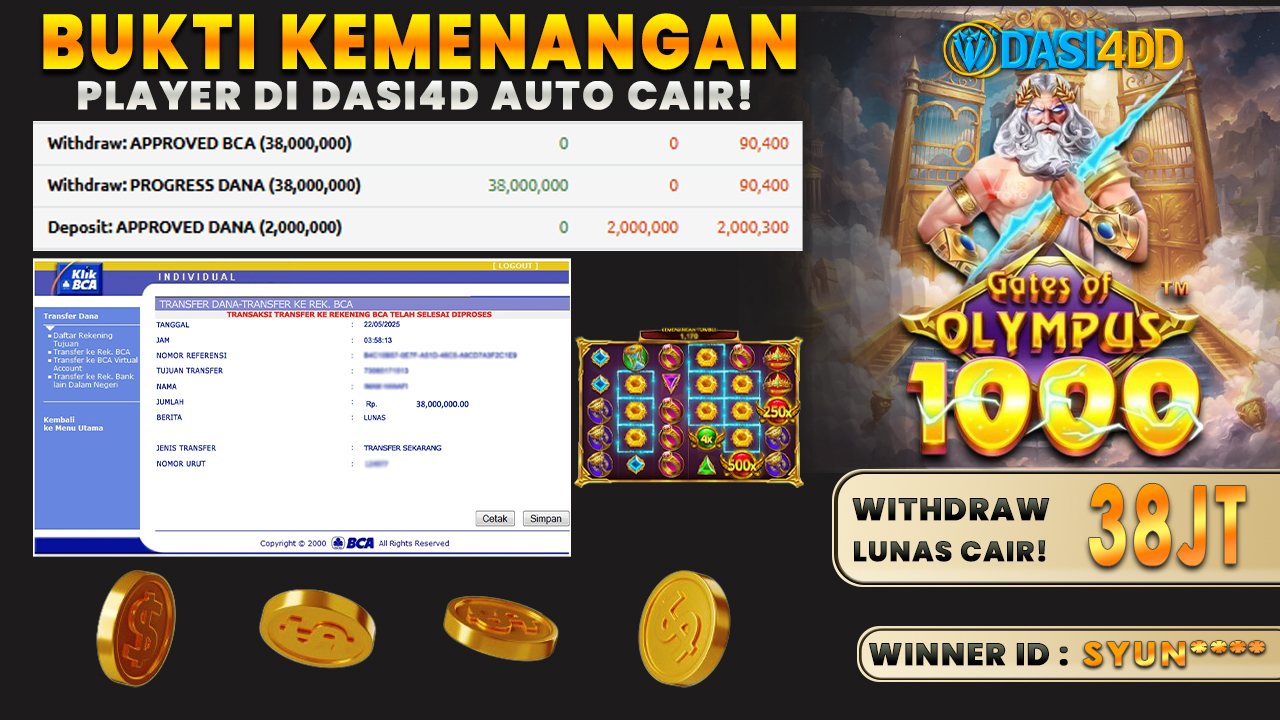 BUKTI KEMENANGAN 22 MEI 2025 DI  GATES OF OLIMPUS 1000 38 JUTA