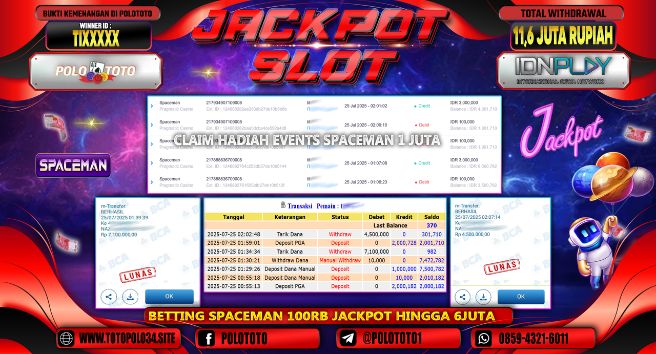 POLOTOTO JACKPOT SLOT SPACEMAN Rp.11.600.000,-LUNAS
