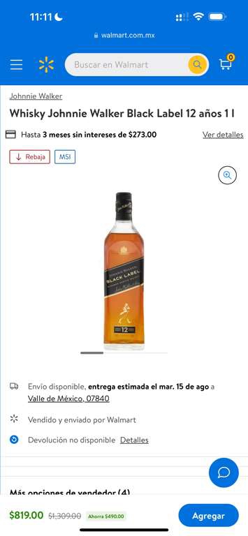 Walmart: Johnnie Walker Black Label 1 litro 
