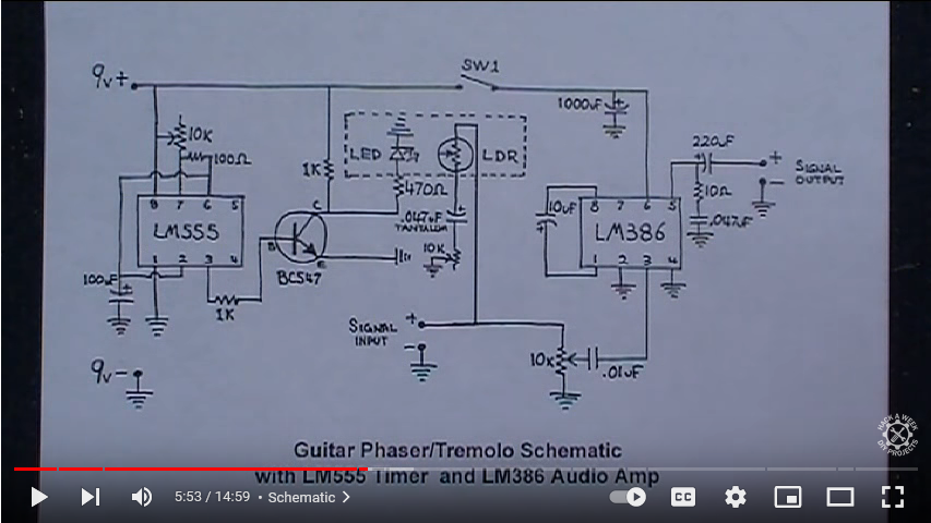 Phaser-Tremolo with a LM386 and a 555 timer chip