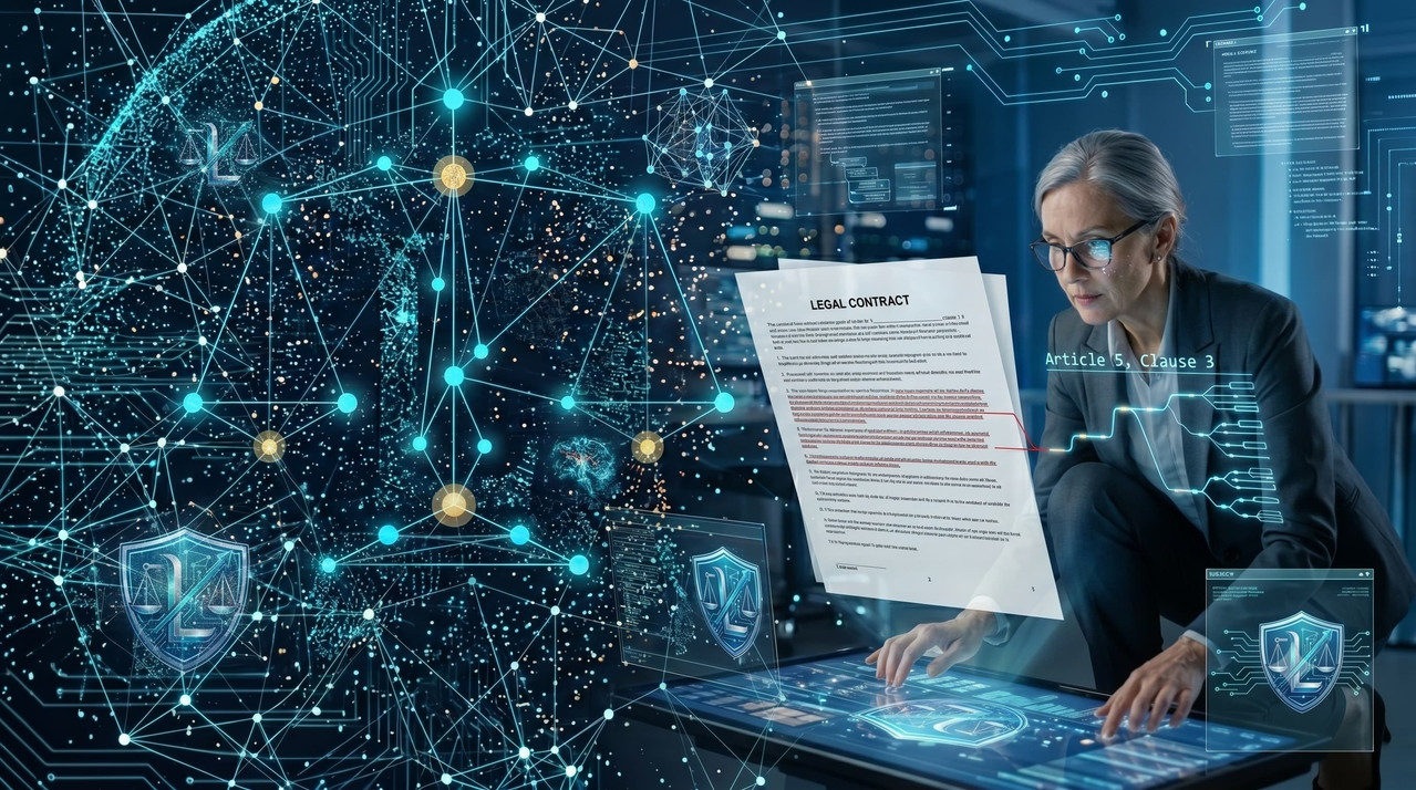 Smart contracts y protección legal de la empresa en 2026 — composición editorial de LexFlow con balanza de la justicia, código y red blockchain