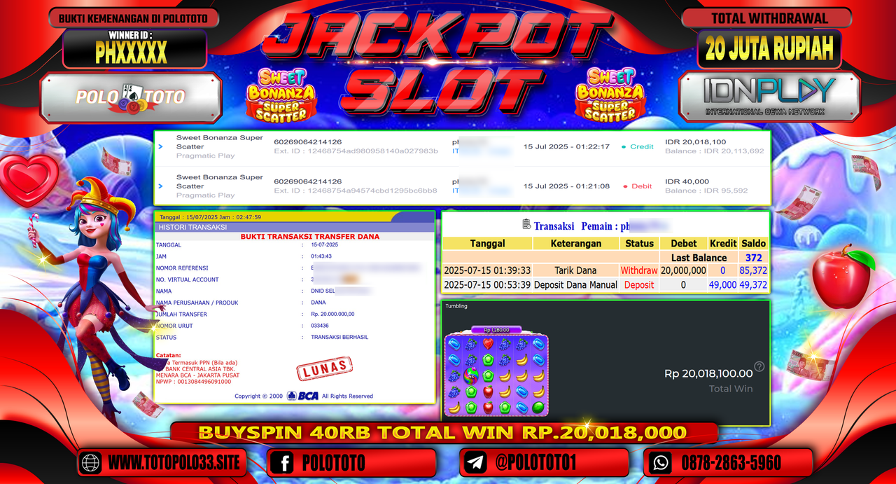 POLOTOTO JACKPOT SLOT SWEET BONANZA SUPER SCATTER Rp.20.000.000,-