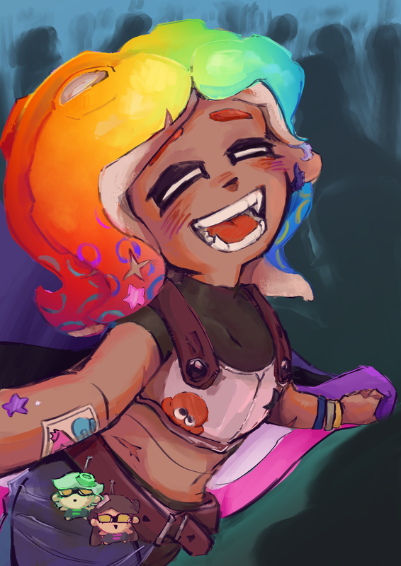 An octoling with rainbow colored tentacles smiling at the reader.