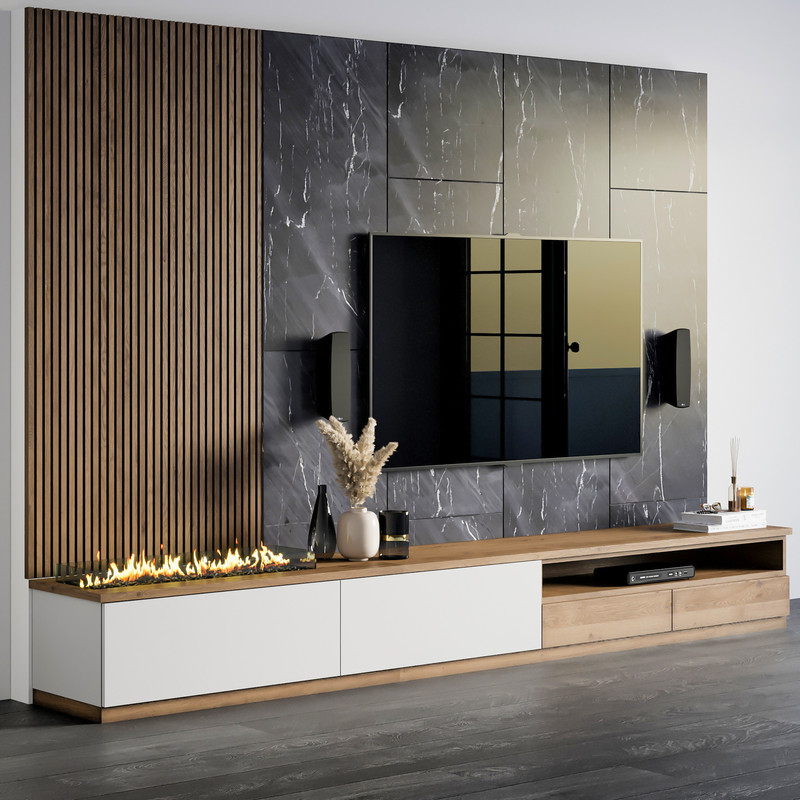 Contemporary Wall-Mounted TV Unit Design With A Marble Back Panel