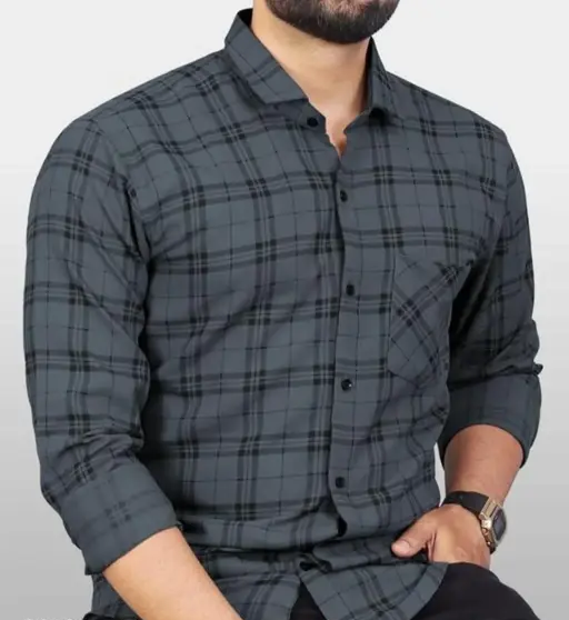 Fatty Mouse Men's Checked Regular Spread Collar Grey (R305)