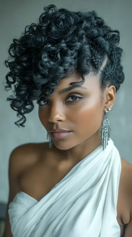 Whirlwind of Elegance: The Enchanting Curled Side Sweep - black women side part
