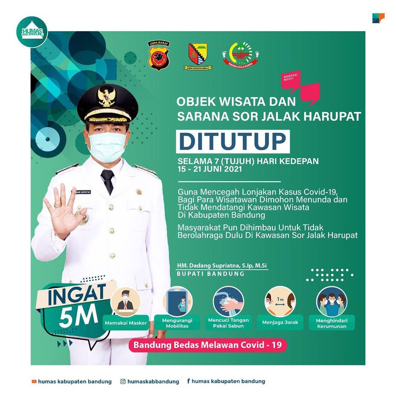 Informasi penutupan semua obyek wisata dan sarana olahraga Jalak Harupat Kabupaten Bandung.