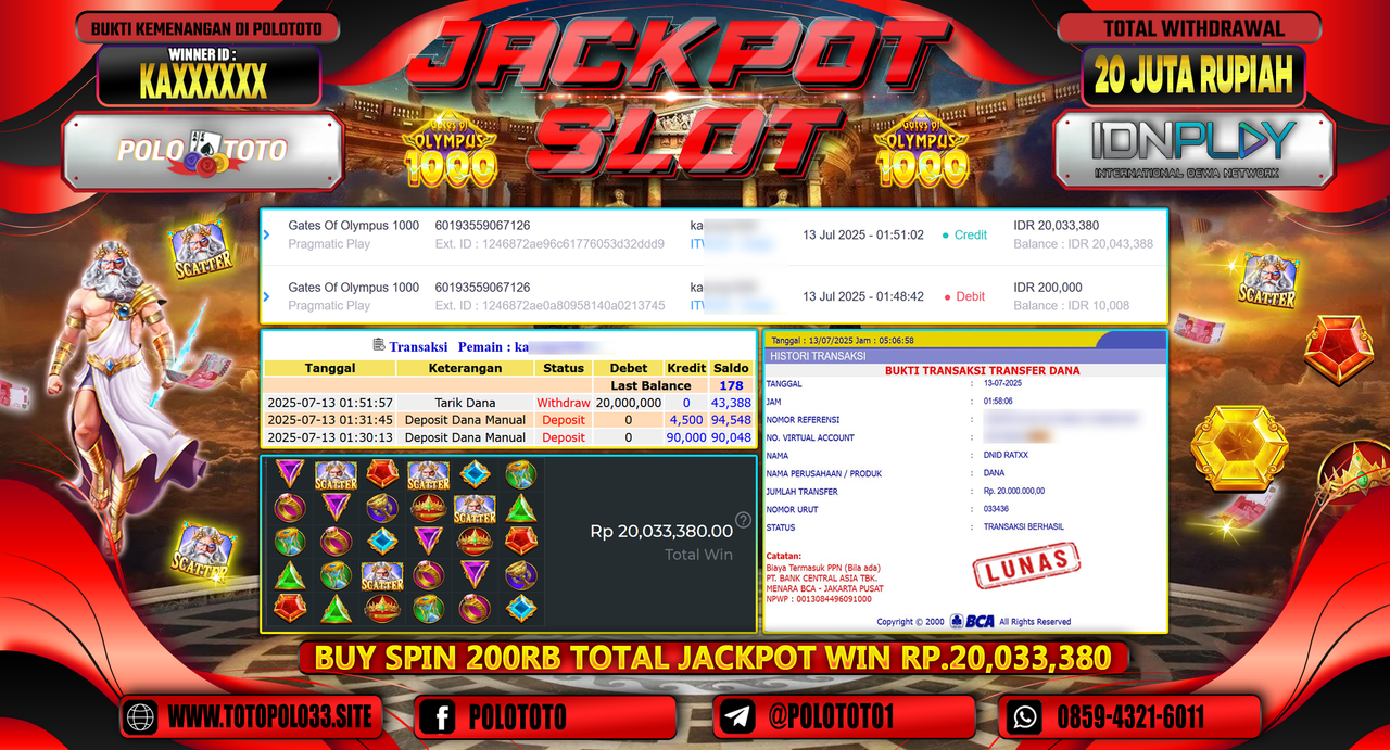 POLOTOTO JACKPOT SLOT GATES OF OLYMPUS 1000 Rp.20.000.000,-