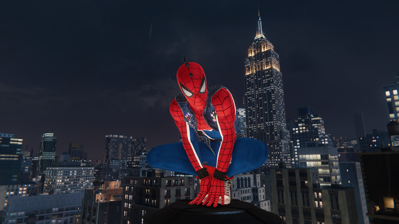 Spider-man perched on top of a skyscraper with the Spider-punk outfit on.