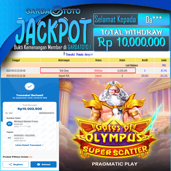 JACKPOT DI PERMAINAN  SLOT PRAGMATIC PLAY GATES OF OLYMPUS SUPER SCATTER   WD Rp 10.000.000,- DIBAYAR LUNAS GARDATOTO MANTAP !