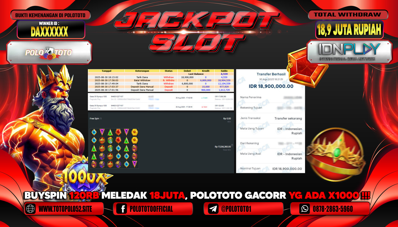 POLOTOTO JACKPOT SLOT GATES OF OLYMPUS 1000 Rp.18.900.000,-LUNAS