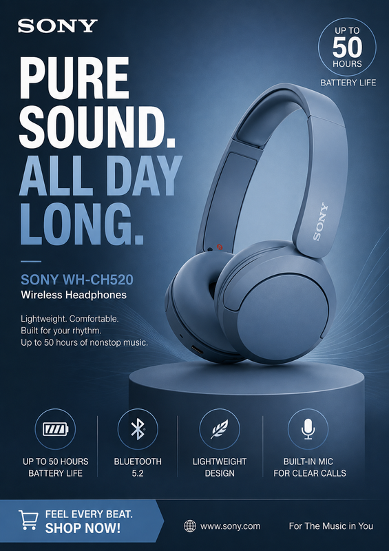 AI-generated example result for the marketing prompt: Sony WH-CH520 Wireless Headphones Ad by PromptCraft