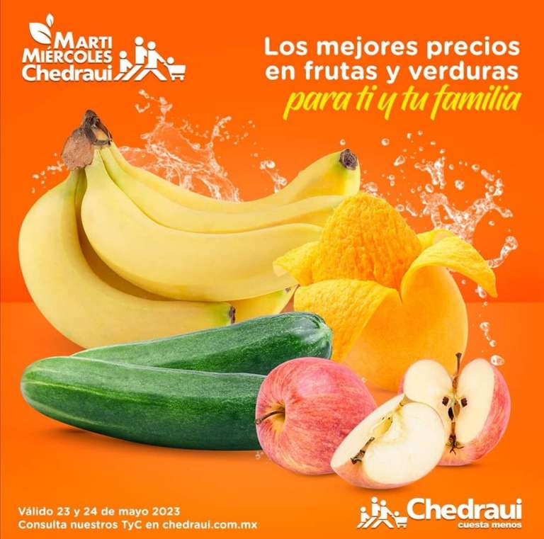 Chedraui: MartiMiércoles de Chedraui 23 y 24 Mayo: Pepino $7.50 kg • Mango Ataulfo $14.50 kg • Plátano $15.90 kg • Manzana Gala $29.50 kg 
