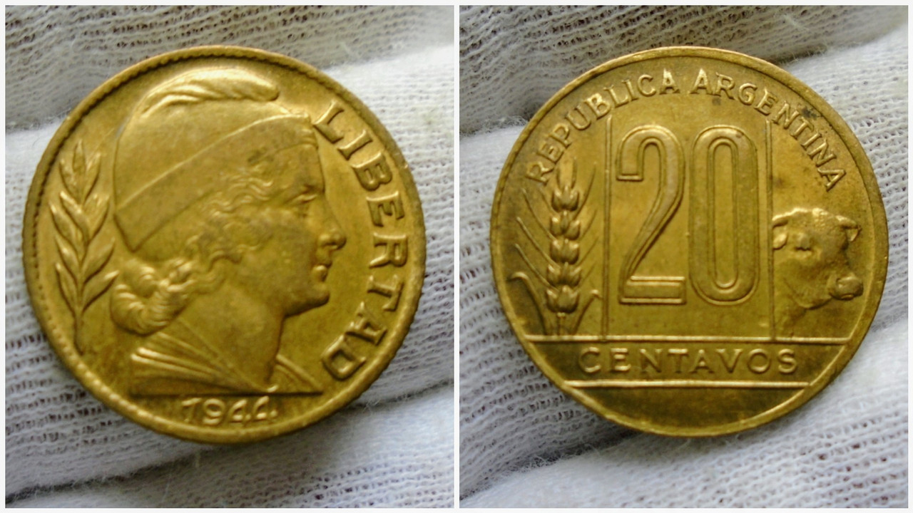 ¡¡Amarillosis!! 20 Centavos 1944. República Argentina. Polish-20200201-213006448-3